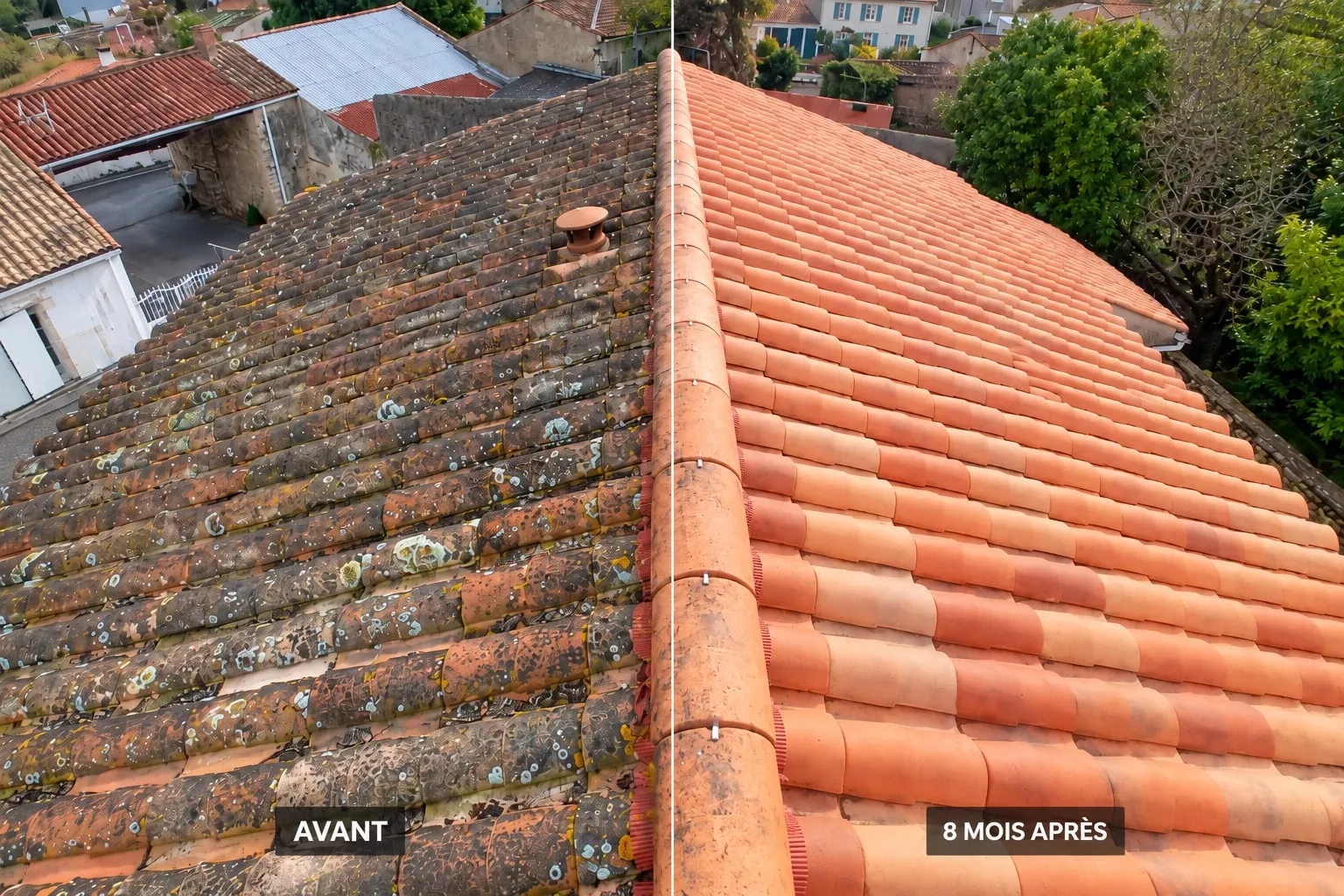 Toiture en tuiles avant et après démoussage